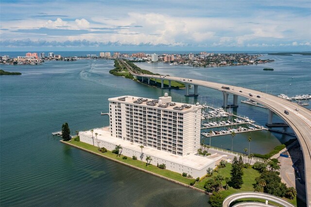 birds eye view of property featuring a water view