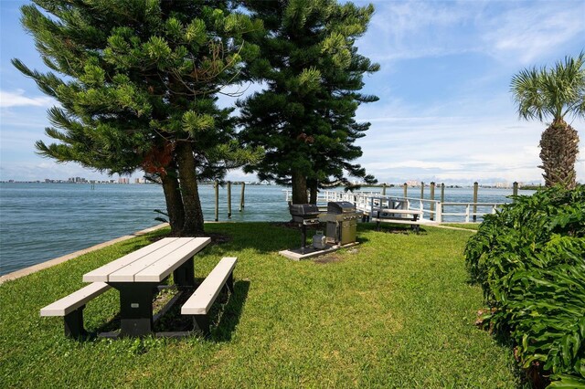 view of property's community featuring a water view and a yard