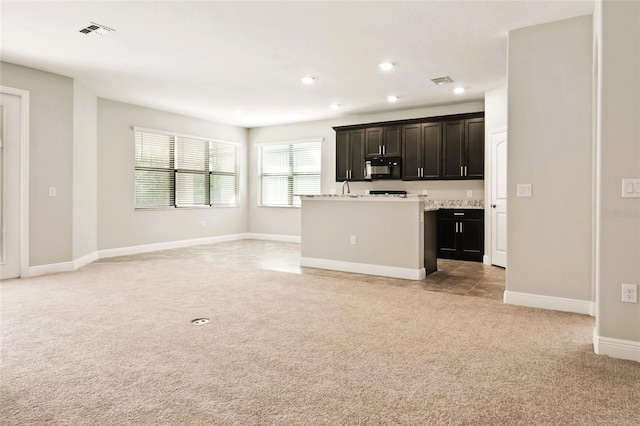 interior space with light colored carpet and sink