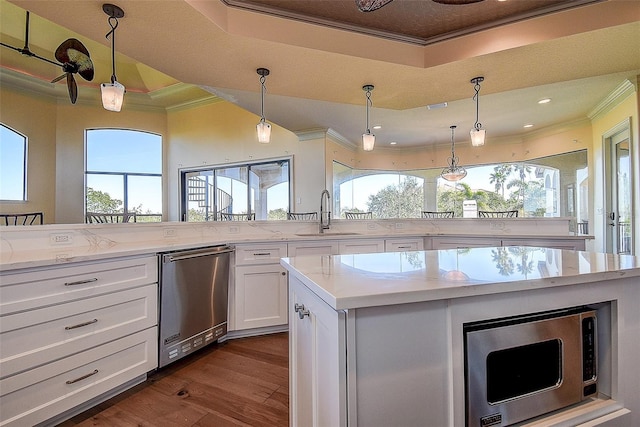 kitchen with decorative light fixtures, white cabinetry, sink, light stone counters, and a raised ceiling