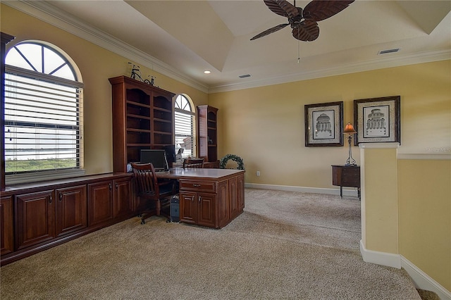 office featuring ornamental molding, a healthy amount of sunlight, a tray ceiling, and light carpet