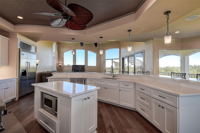 kitchen featuring built in appliances, a tray ceiling, a sink, and white cabinetry