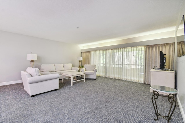 living room featuring dark carpet