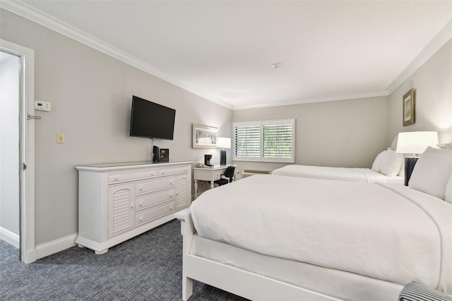 carpeted bedroom with crown molding