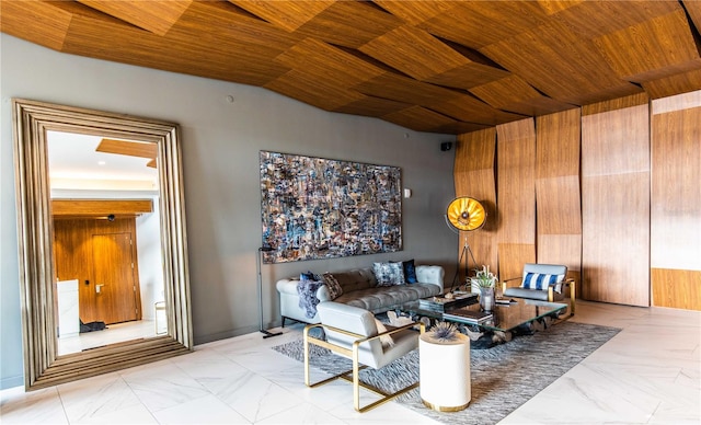 sitting room with light tile flooring and wooden ceiling