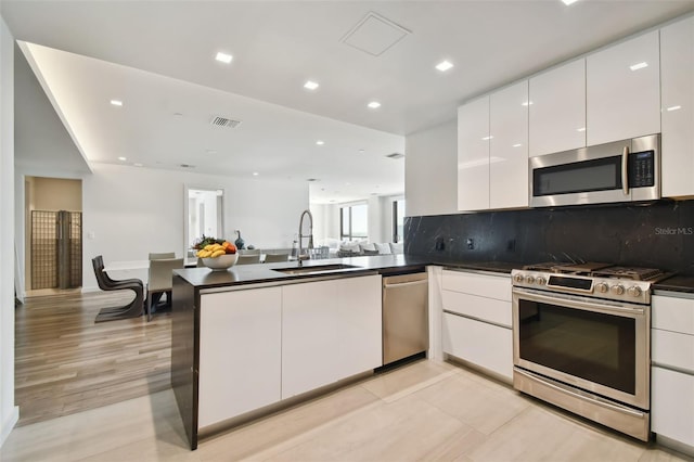 kitchen with white cabinets, tasteful backsplash, sink, and stainless steel appliances