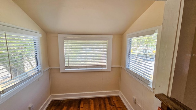 spare room featuring vaulted ceiling and dark wood-type flooring