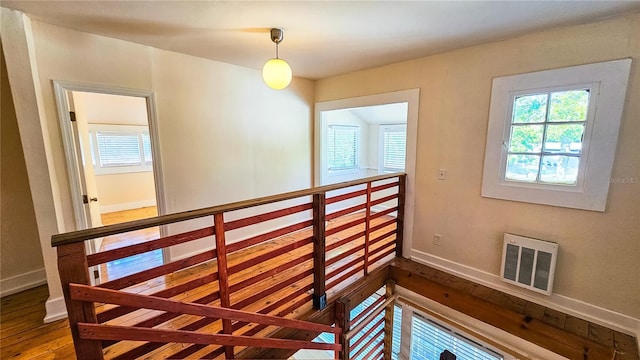 staircase featuring hardwood / wood-style floors and a healthy amount of sunlight