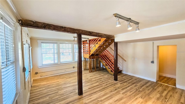 basement with hardwood / wood-style flooring, ornamental molding, and rail lighting