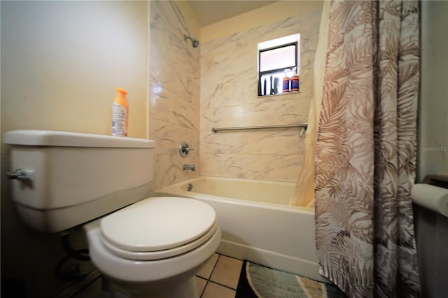 bathroom with tile flooring, toilet, and shower / tub combo with curtain