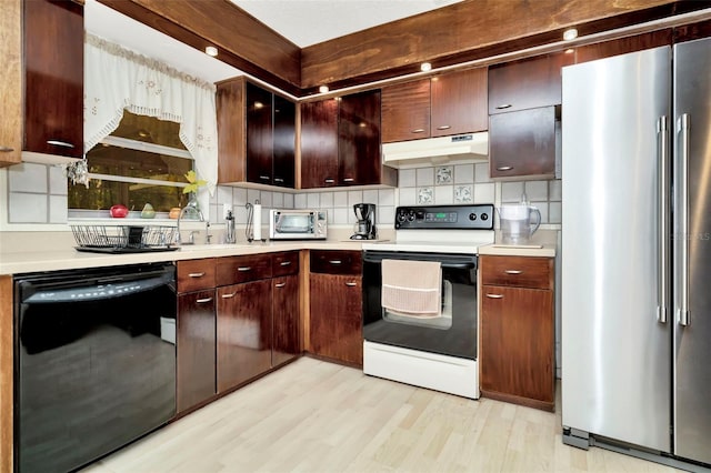 kitchen featuring white electric range, light wood-type flooring, high quality fridge, black dishwasher, and backsplash