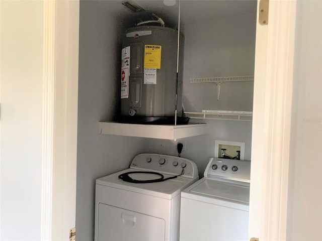 washroom featuring water heater and washing machine and clothes dryer