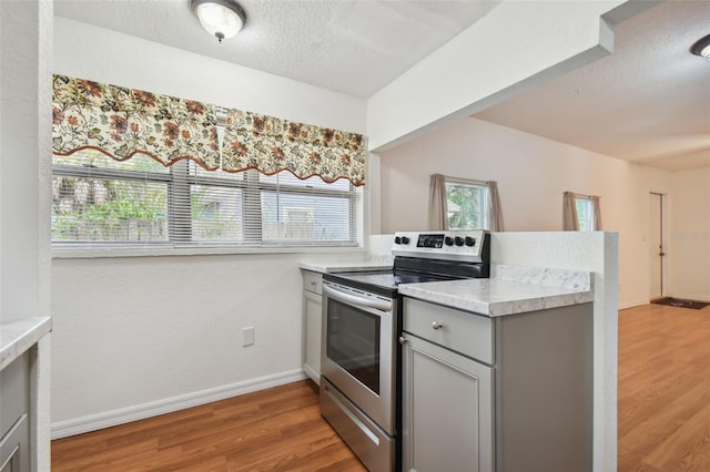 kitchen with gray cabinets, hardwood / wood-style floors, and stainless steel electric range oven