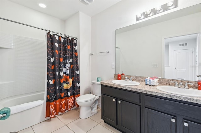 full bathroom featuring vanity, toilet, shower / bath combination with curtain, and tile patterned flooring