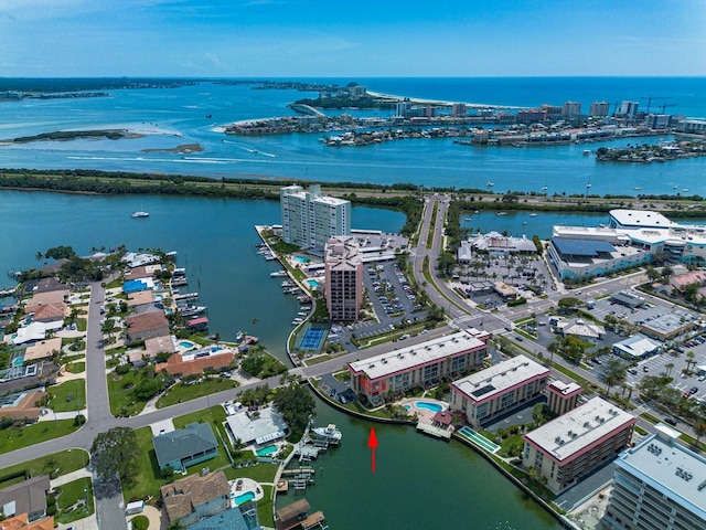 aerial view featuring a water view