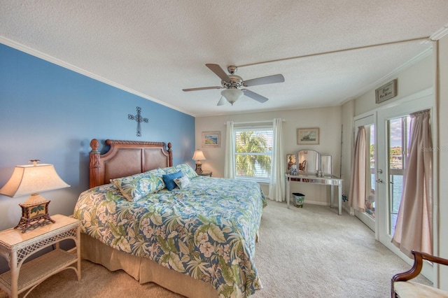 bedroom with light colored carpet, ornamental molding, and a textured ceiling