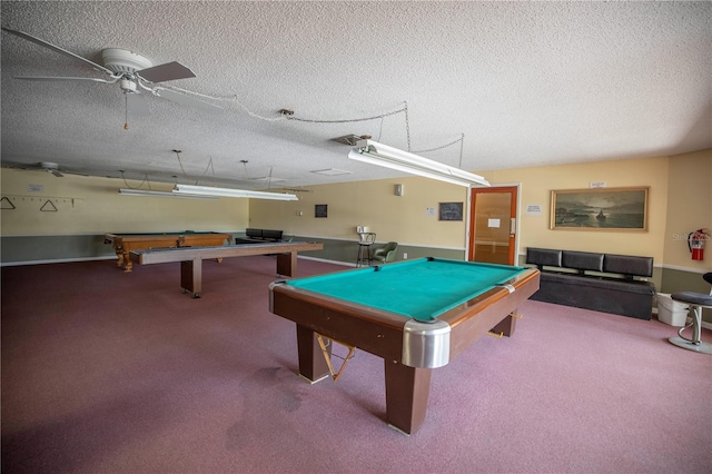 game room featuring carpet floors, billiards, a textured ceiling, and ceiling fan