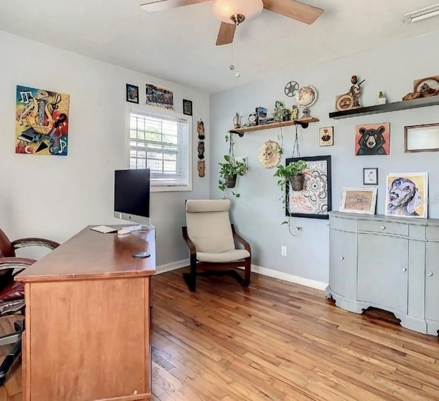 office area featuring ceiling fan and light wood-type flooring