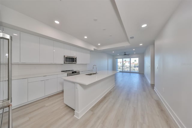 kitchen with a tray ceiling, stainless steel appliances, white cabinets, a sink, and modern cabinets