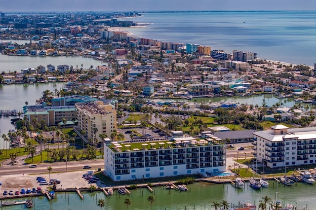 bird's eye view featuring a city view and a water view