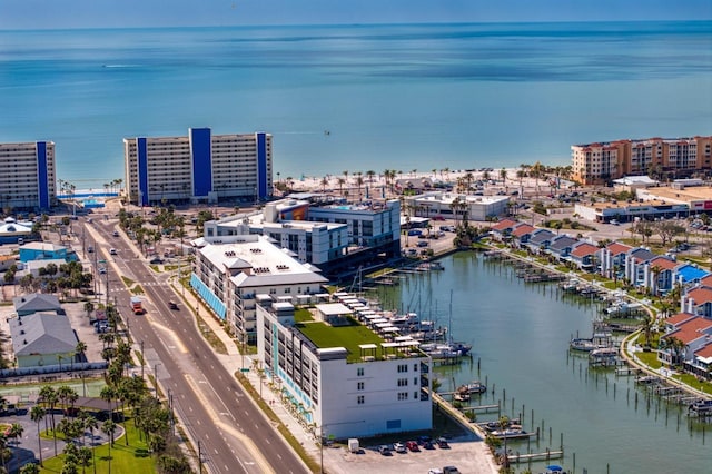 drone / aerial view with a water view and a view of city