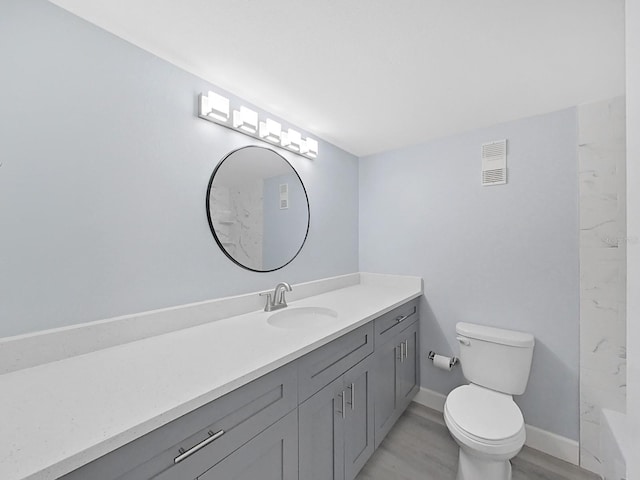 bathroom with vanity, wood-type flooring, and toilet