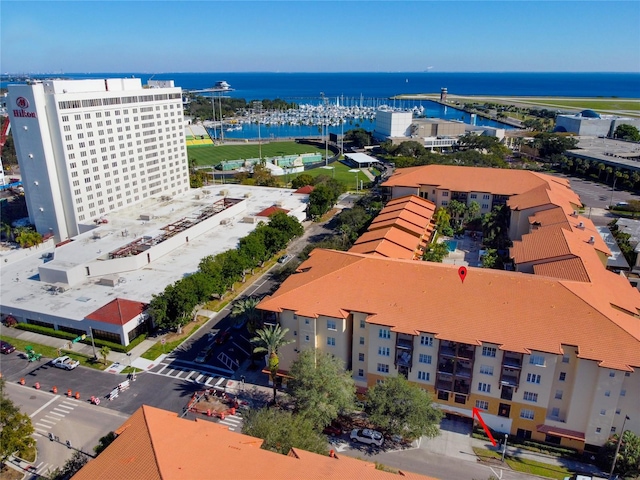 drone / aerial view featuring a water view