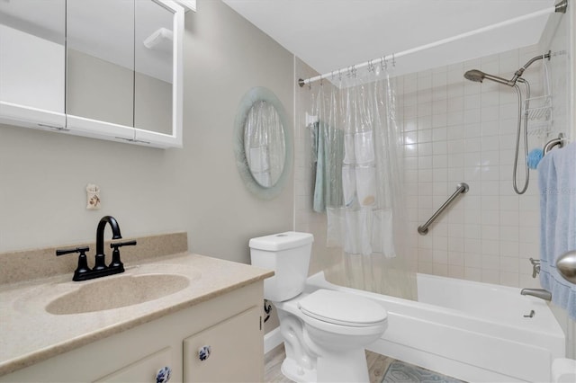 full bathroom featuring toilet, vanity, and shower / bathtub combination with curtain