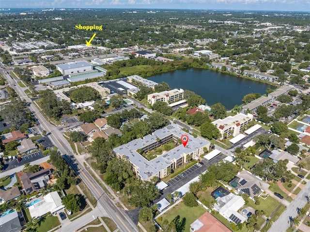 birds eye view of property featuring a water view