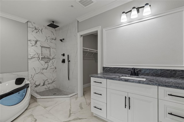 bathroom with vanity, crown molding, tiled shower, and tile flooring