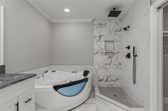 bathroom featuring vanity, crown molding, and separate shower and tub