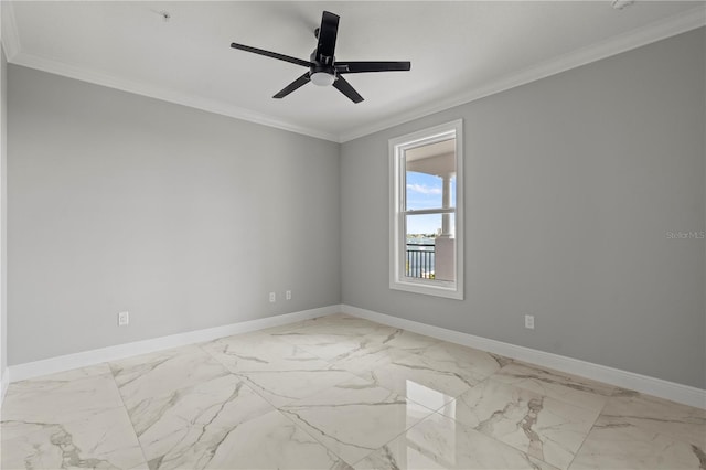 spare room featuring ceiling fan, light tile floors, and ornamental molding