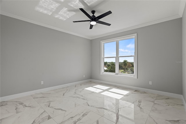 tiled spare room featuring ornamental molding and ceiling fan