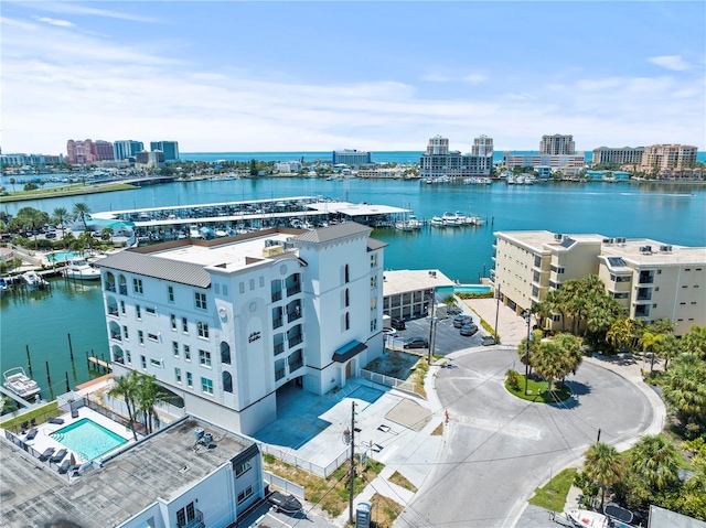 birds eye view of property featuring a water view