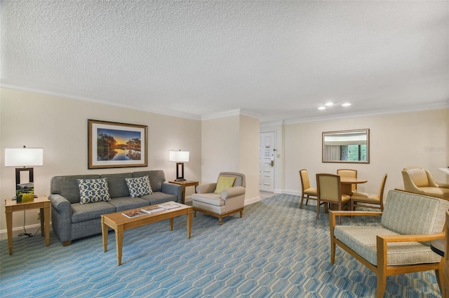 carpeted living room with crown molding and a textured ceiling