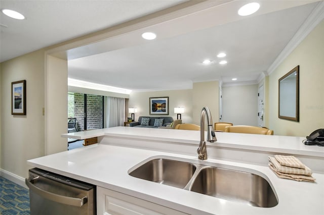 kitchen with ornamental molding, white cabinets, sink, and dishwasher