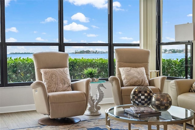 sitting room featuring floor to ceiling windows, light hardwood / wood-style floors, and a water view