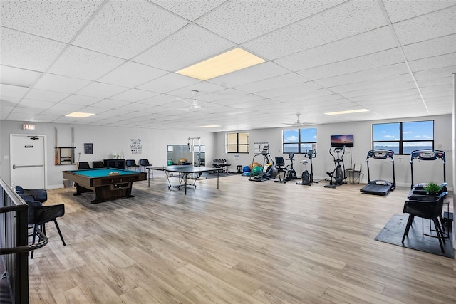 exercise room with billiards, light hardwood / wood-style floors, and a drop ceiling