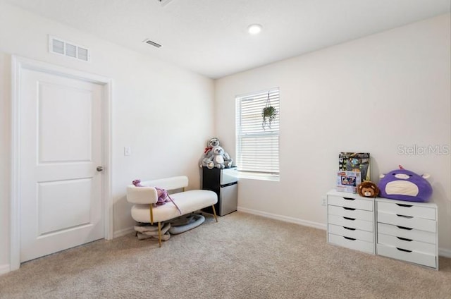 sitting room with light colored carpet