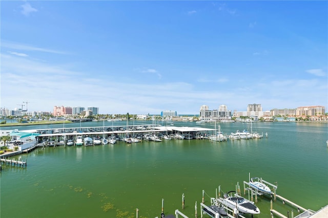 view of water feature with a boat dock