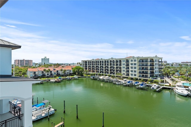 view of water feature with a boat dock