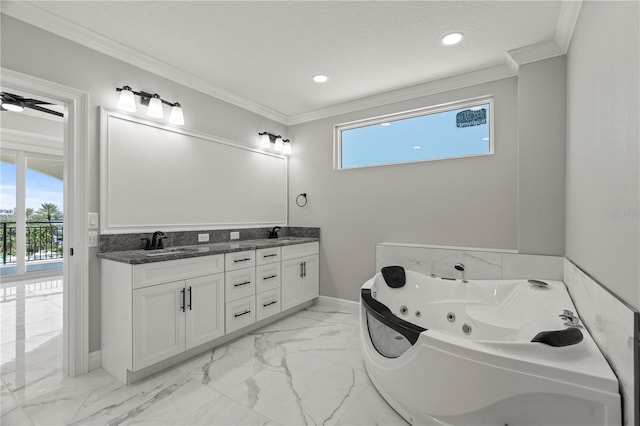 bathroom with ornamental molding, tile floors, ceiling fan, and dual vanity