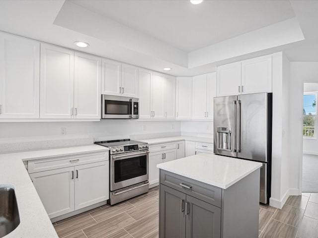 kitchen featuring appliances with stainless steel finishes, white cabinetry, a tray ceiling, and a kitchen island