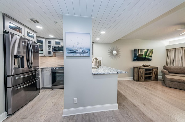 kitchen featuring backsplash, stainless steel appliances, wood ceiling, and light hardwood / wood-style flooring