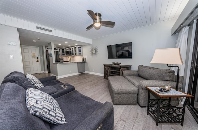 living room with wooden ceiling, wood-type flooring, ceiling fan, and sink