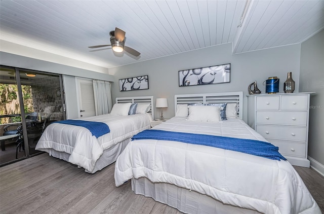 bedroom featuring access to exterior, wooden ceiling, light hardwood / wood-style floors, and ceiling fan