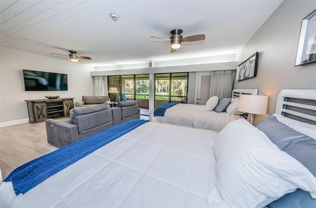 bedroom with access to exterior, ceiling fan, and light wood-type flooring