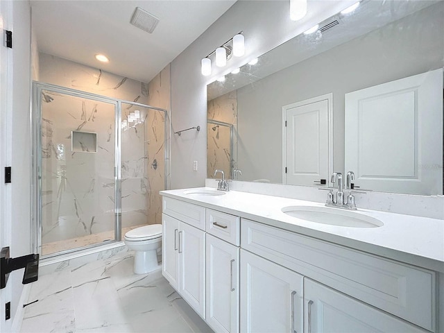 bathroom featuring a marble finish shower, visible vents, marble finish floor, and a sink