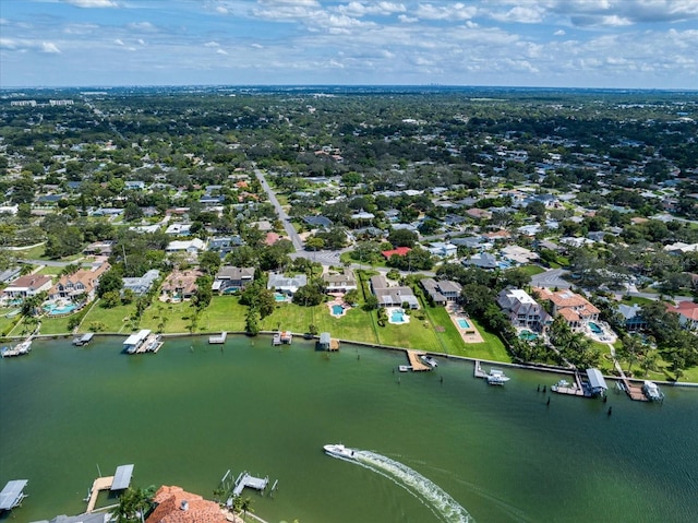 drone / aerial view featuring a water view