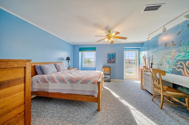 bedroom featuring ceiling fan, carpet, rail lighting, and access to exterior